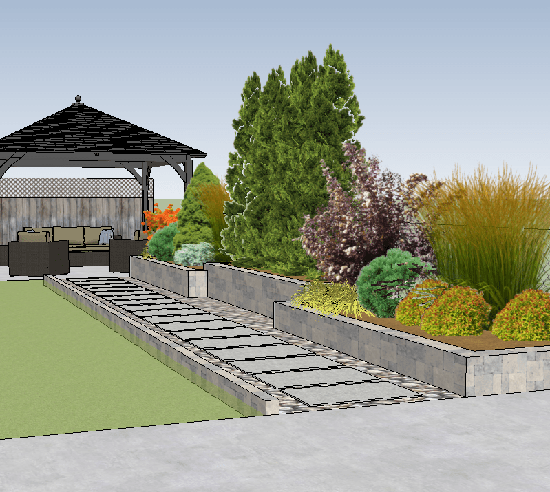 A landscaped garden with a gazebo, paved walkway, lush greenery, and various shrubs. No people or historical landmarks are visible.