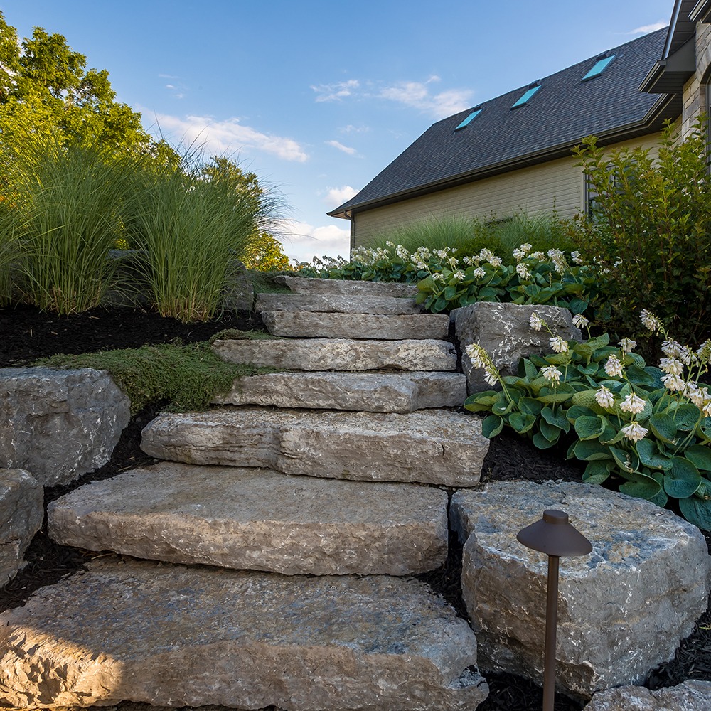 Stone steps ascend through a lush garden with ornamental grasses and flowers, leading to a house under a clear blue sky.