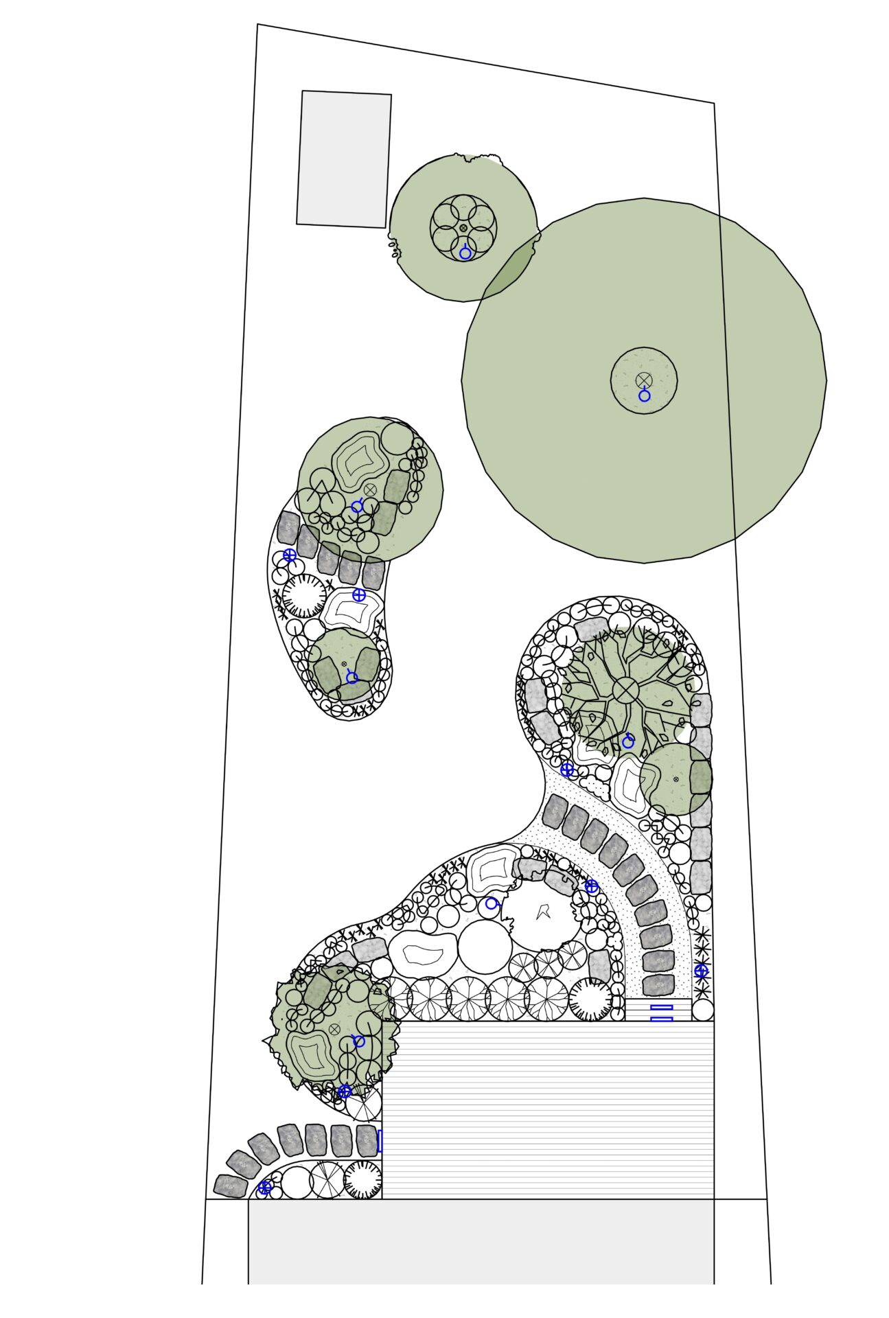 A detailed garden layout plan with pathways, various plantings, and green areas, designed for a structured outdoor space.