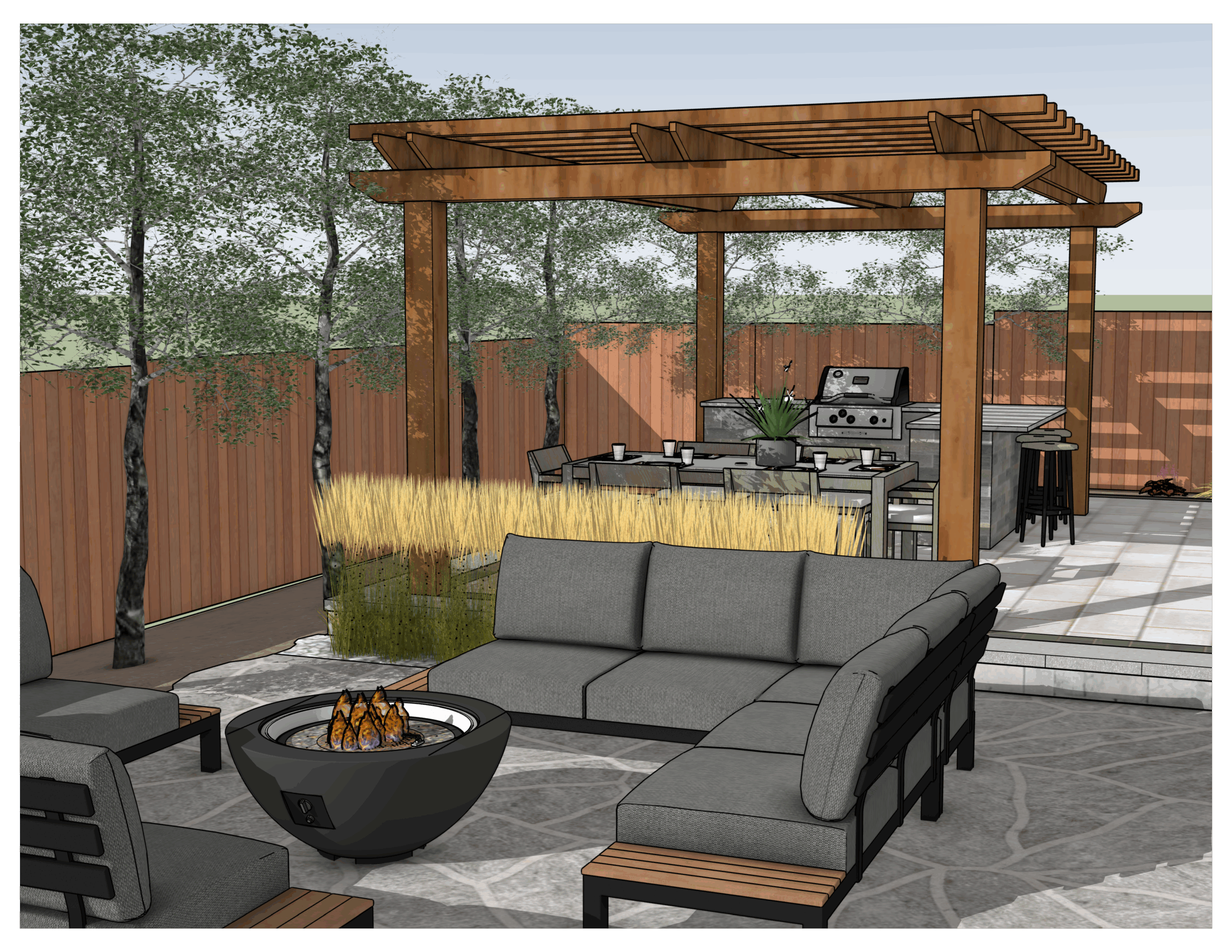 Outdoor modern patio with seating, fire pit, pergola, and barbecue area. Surrounded by trees and wooden fencing, creating a cozy atmosphere.