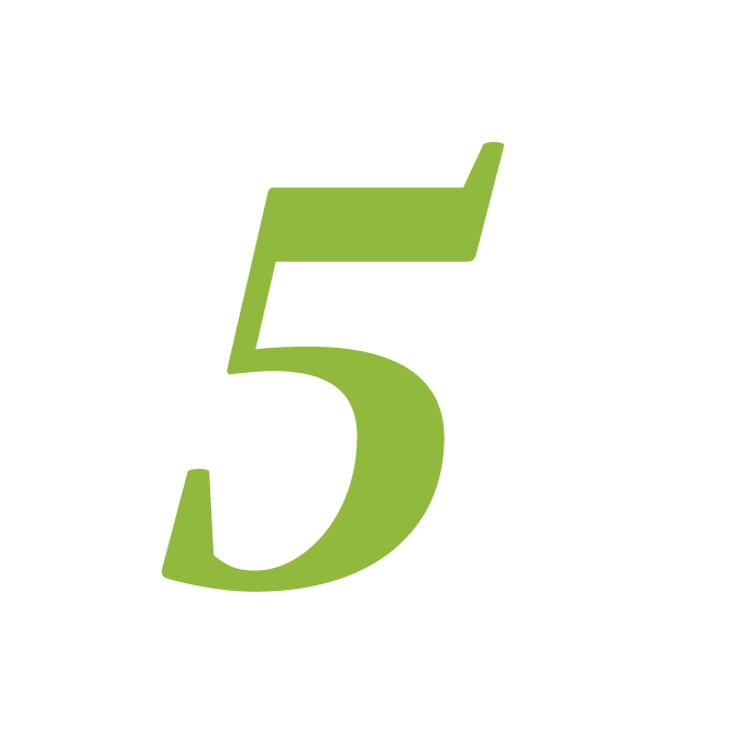The image displays a large, green number five with a small white dot on a white background.