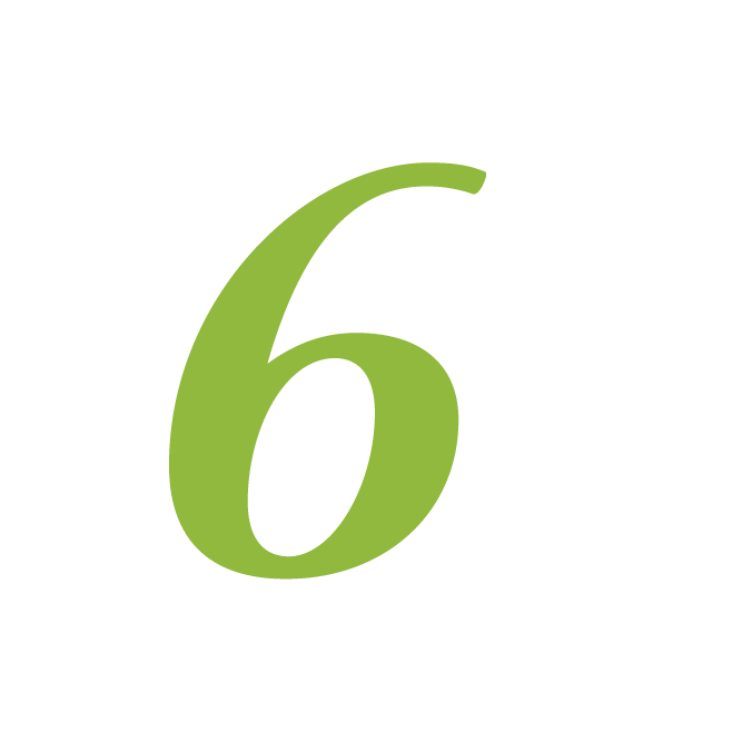 Green number six with a white dot on a light grey background, minimalist and modern design.