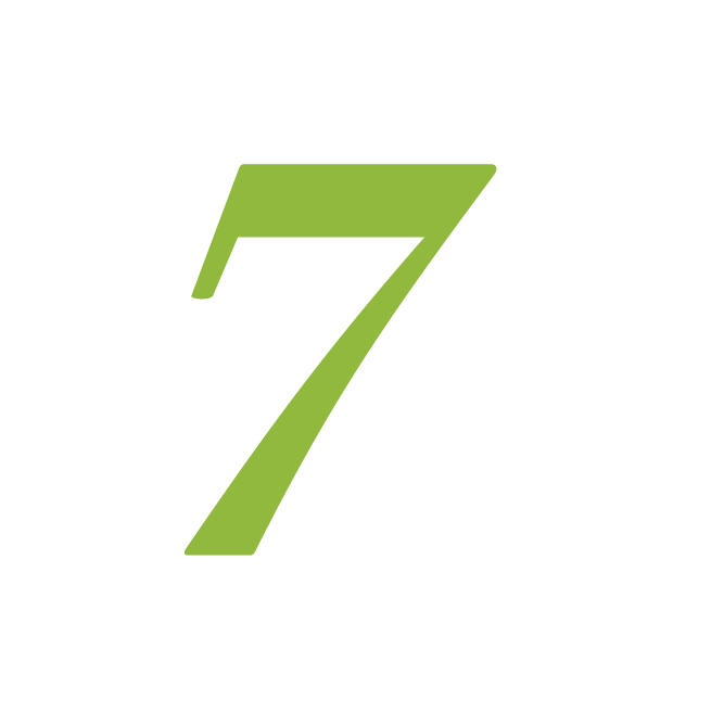 Green number seven with a white dot on a transparent background. Simple, modern design emphasizing the number and punctuation.