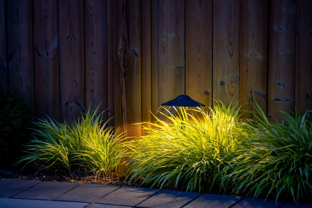 Illuminated grass by a wooden fence, lit by a small outdoor lamp. Stone pathway visible in the foreground, creating a serene ambiance.