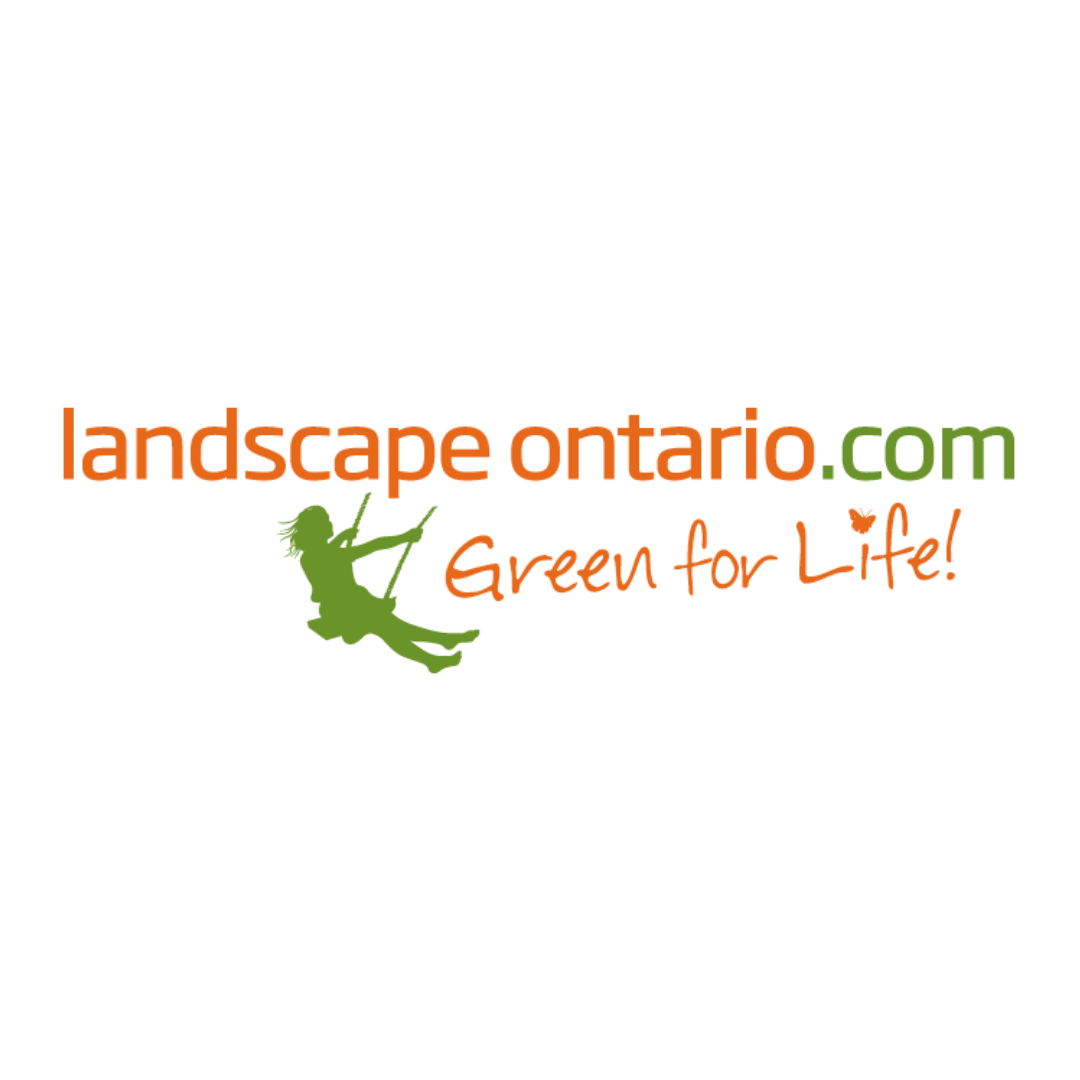 Logo for LandscapeOntario.com featuring a green silhouette of a person on a swing, with the text "Green for Life!"