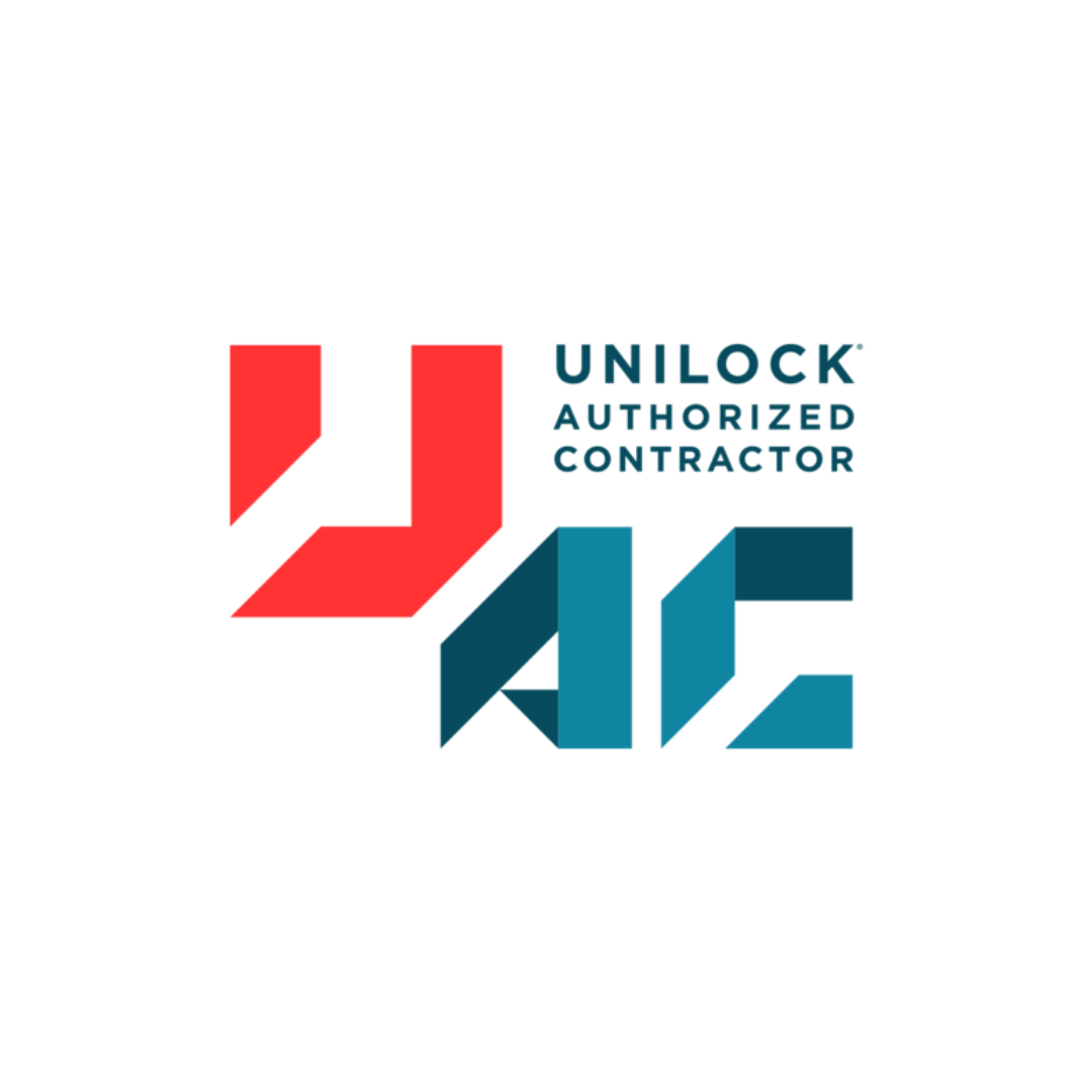 Logo featuring red and blue geometric shapes with the text "Unilock Authorized Contractor" on a white background.