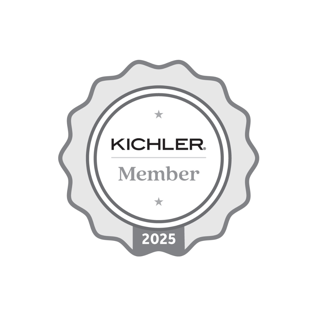 A badge with a wavy edge design reads "Kichler Member 2025" with stars, in grayscale. It's centered and visually prominent.