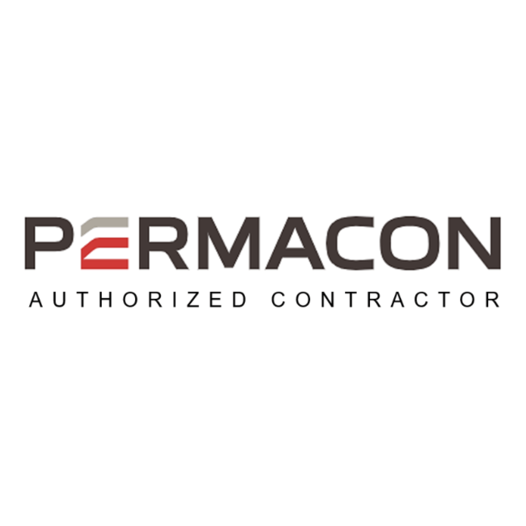 Text image displaying "PERMACON" with "AUTHORIZED CONTRACTOR" below in black capital letters. Logo elements are in gray and red on a white background.