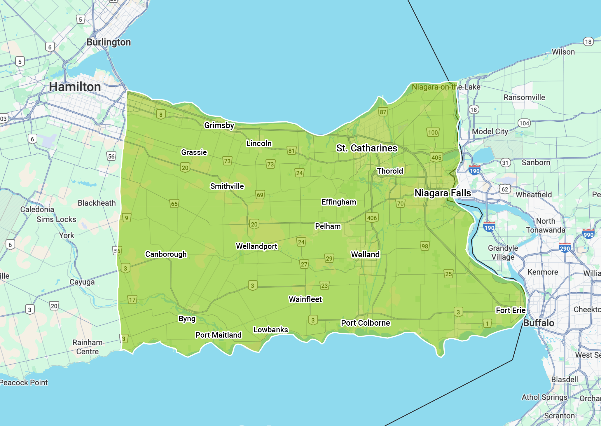 Map highlighting Niagara region, including cities like St. Catharines, Niagara Falls, and Fort Erie. Displays roads, waterways, and country borders.