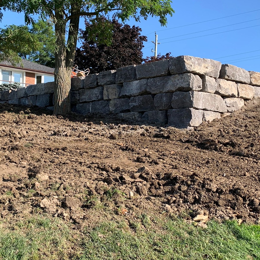 A stone retaining wall and tree in a yard with freshly moved soil. A house and power lines are visible in the background.