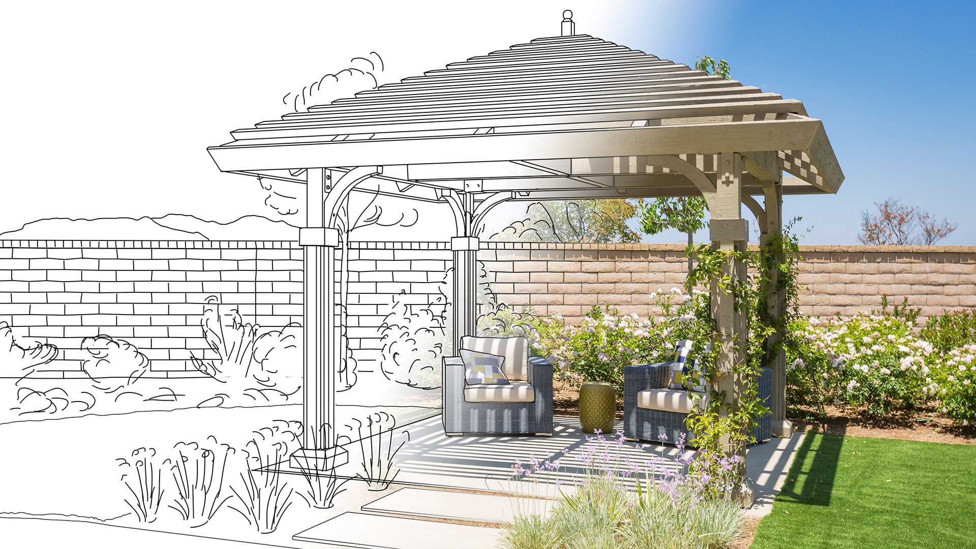 A backyard pergola partially drawn and colored, surrounded by greenery, two striped chairs, and a small table under a clear blue sky.