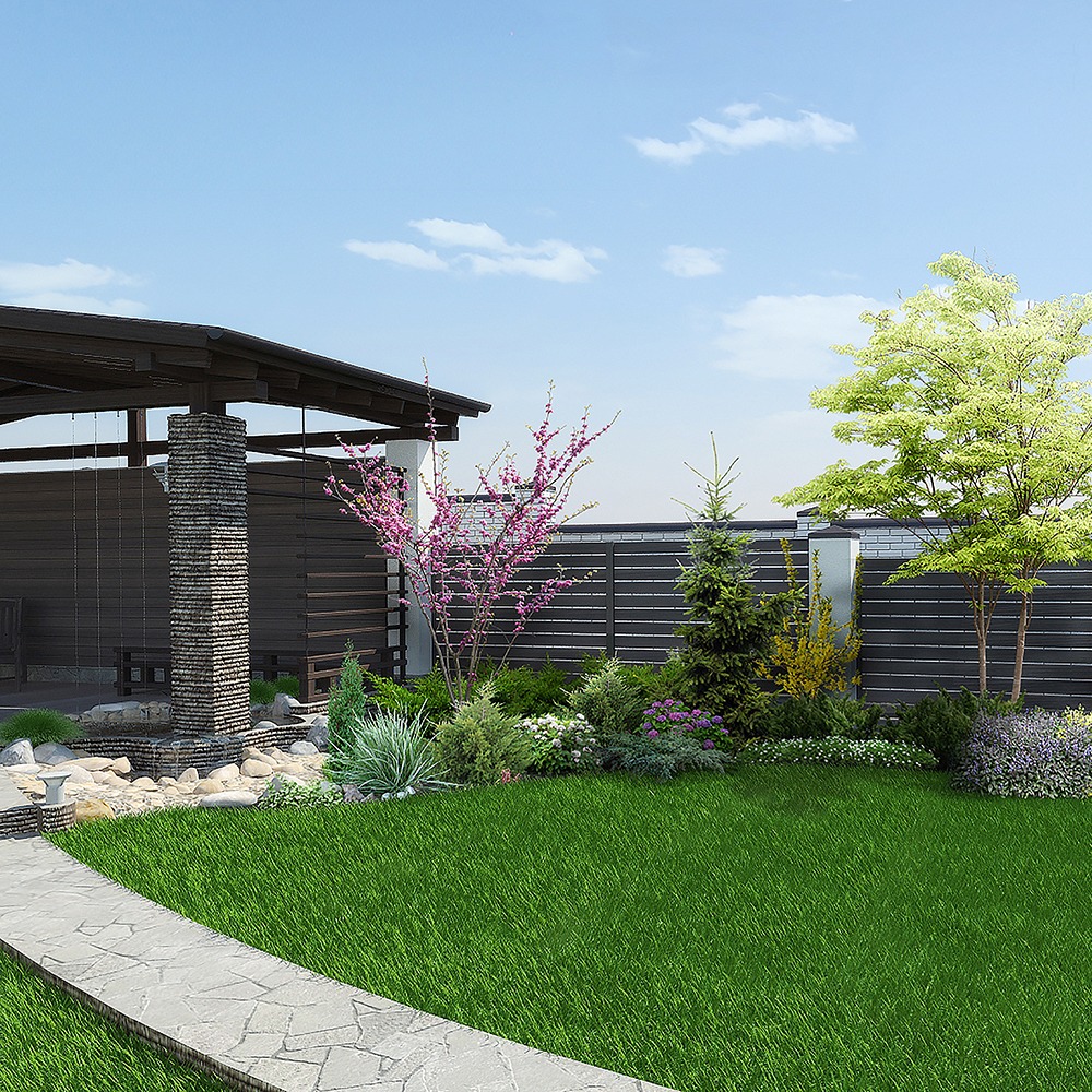 A well-maintained garden with lush grass, various trees, bushes, and a modern wooden structure under a clear blue sky.