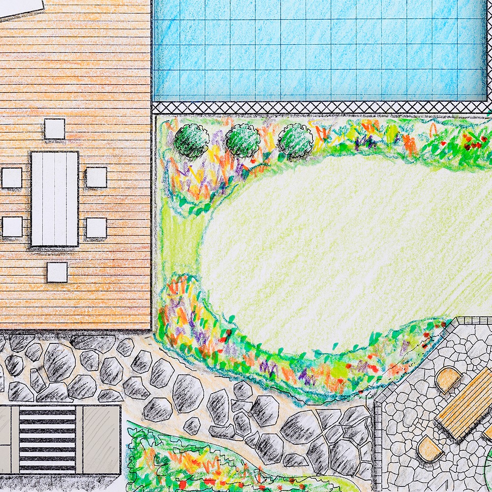 A vibrant garden plan displays a pool, wooden deck, seating areas, pathways, and colorful landscaping. Perfectly organized for outdoor leisure.